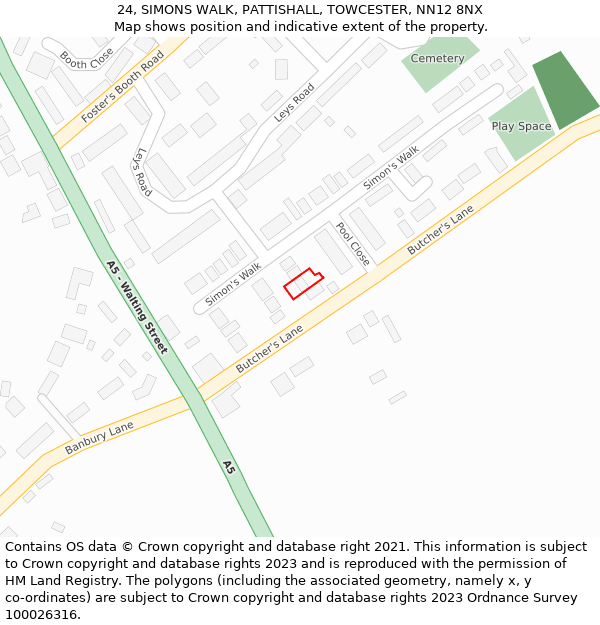 24, SIMONS WALK, PATTISHALL, TOWCESTER, NN12 8NX: Location map and indicative extent of plot