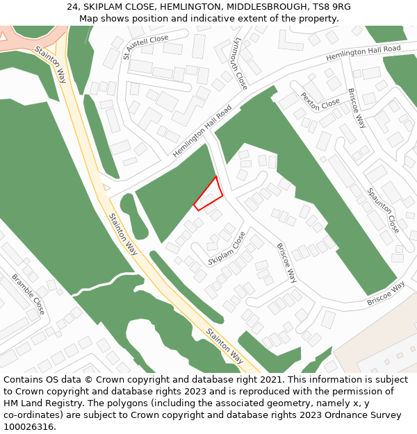 24, SKIPLAM CLOSE, HEMLINGTON, MIDDLESBROUGH, TS8 9RG: Location map and indicative extent of plot