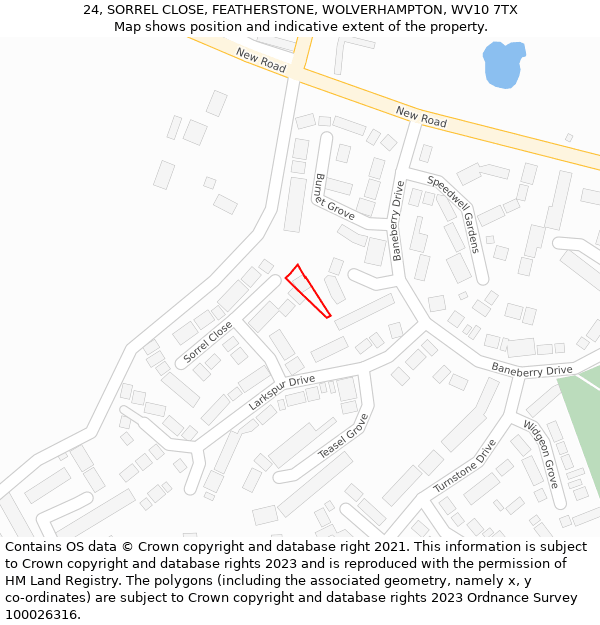 24, SORREL CLOSE, FEATHERSTONE, WOLVERHAMPTON, WV10 7TX: Location map and indicative extent of plot