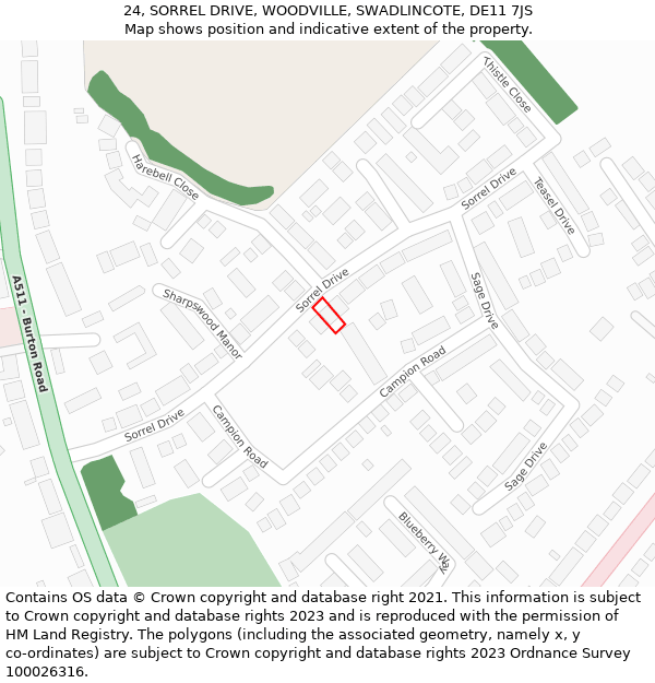 24, SORREL DRIVE, WOODVILLE, SWADLINCOTE, DE11 7JS: Location map and indicative extent of plot