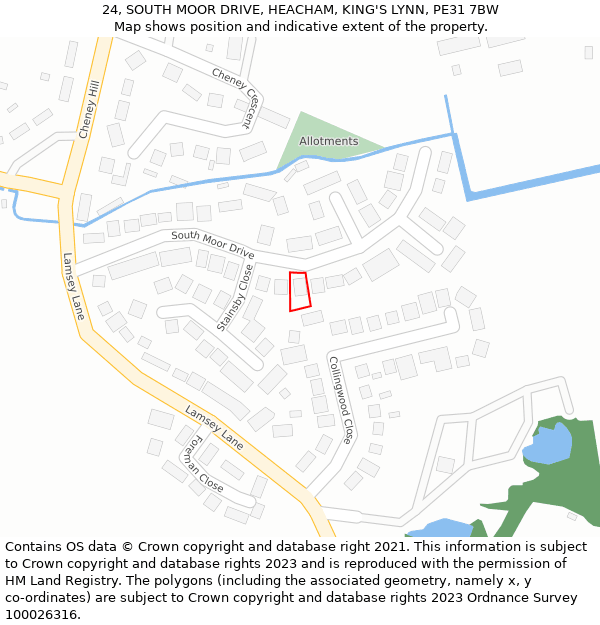 24, SOUTH MOOR DRIVE, HEACHAM, KING'S LYNN, PE31 7BW: Location map and indicative extent of plot