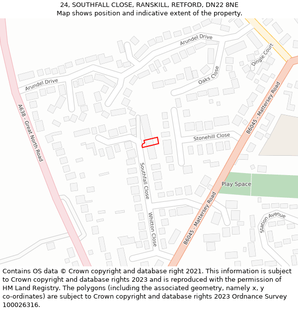 24, SOUTHFALL CLOSE, RANSKILL, RETFORD, DN22 8NE: Location map and indicative extent of plot