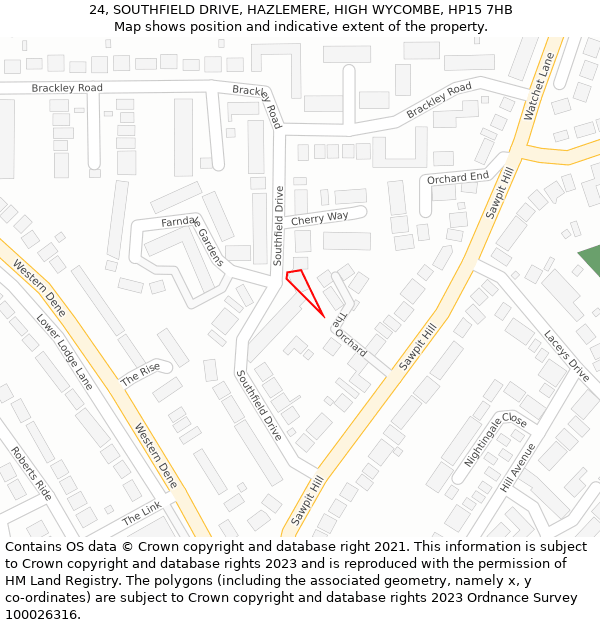 24, SOUTHFIELD DRIVE, HAZLEMERE, HIGH WYCOMBE, HP15 7HB: Location map and indicative extent of plot