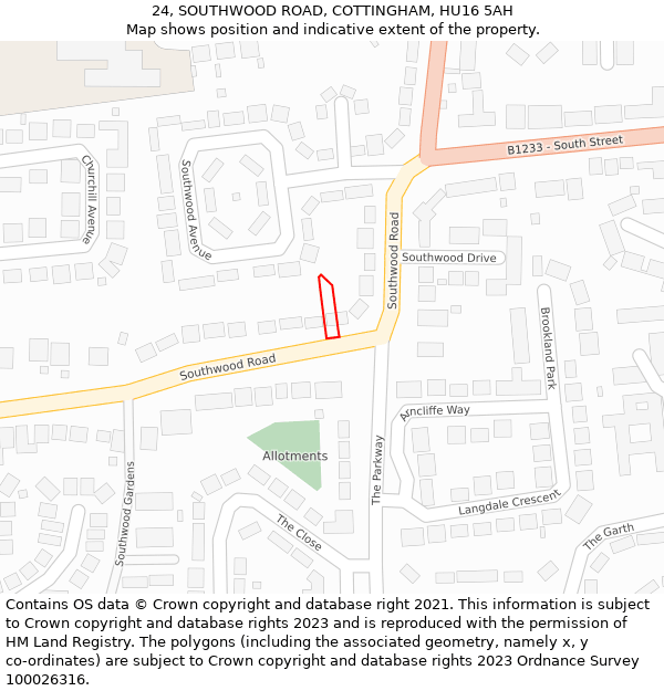 24, SOUTHWOOD ROAD, COTTINGHAM, HU16 5AH: Location map and indicative extent of plot