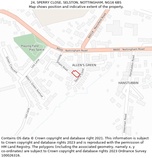 24, SPERRY CLOSE, SELSTON, NOTTINGHAM, NG16 6BS: Location map and indicative extent of plot