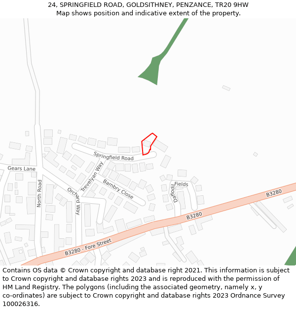 24, SPRINGFIELD ROAD, GOLDSITHNEY, PENZANCE, TR20 9HW: Location map and indicative extent of plot