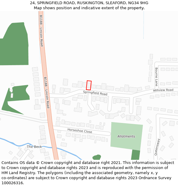 24, SPRINGFIELD ROAD, RUSKINGTON, SLEAFORD, NG34 9HG: Location map and indicative extent of plot
