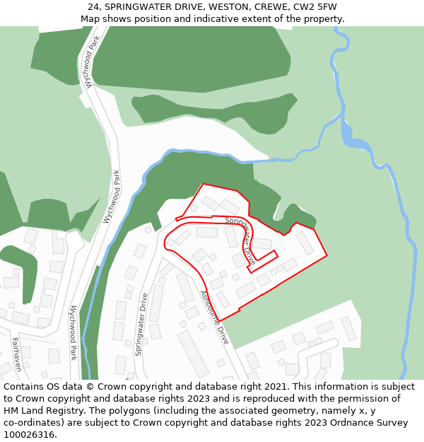 24, SPRINGWATER DRIVE, WESTON, CREWE, CW2 5FW: Location map and indicative extent of plot