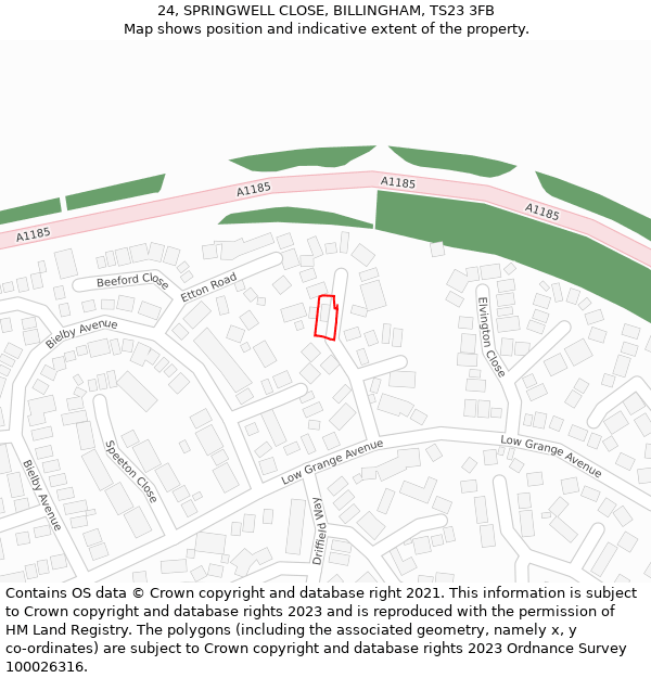 24, SPRINGWELL CLOSE, BILLINGHAM, TS23 3FB: Location map and indicative extent of plot