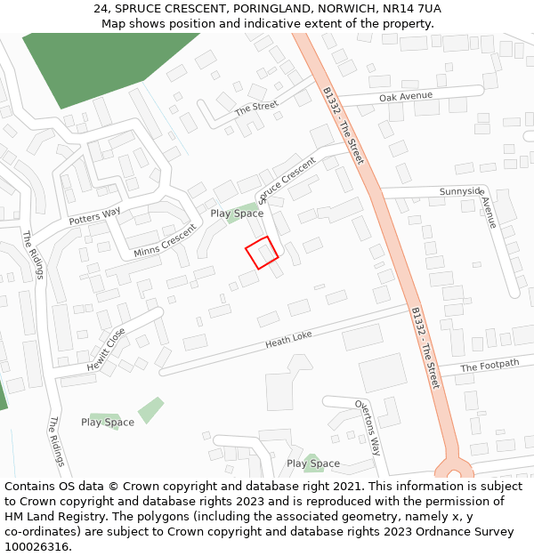 24, SPRUCE CRESCENT, PORINGLAND, NORWICH, NR14 7UA: Location map and indicative extent of plot
