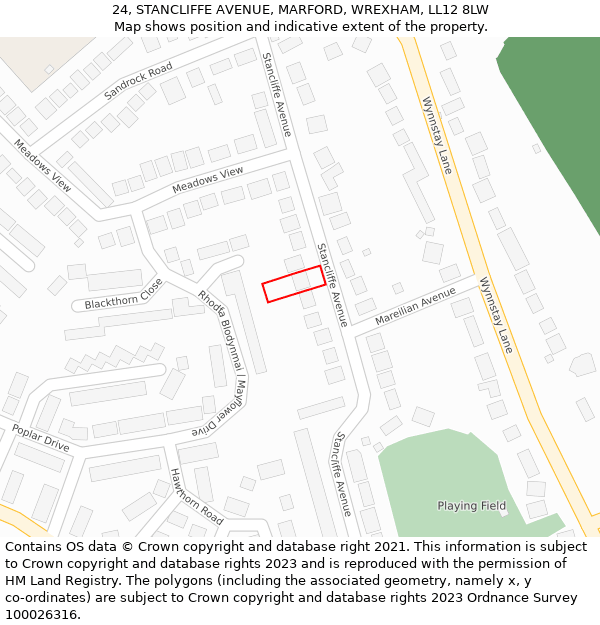 24, STANCLIFFE AVENUE, MARFORD, WREXHAM, LL12 8LW: Location map and indicative extent of plot