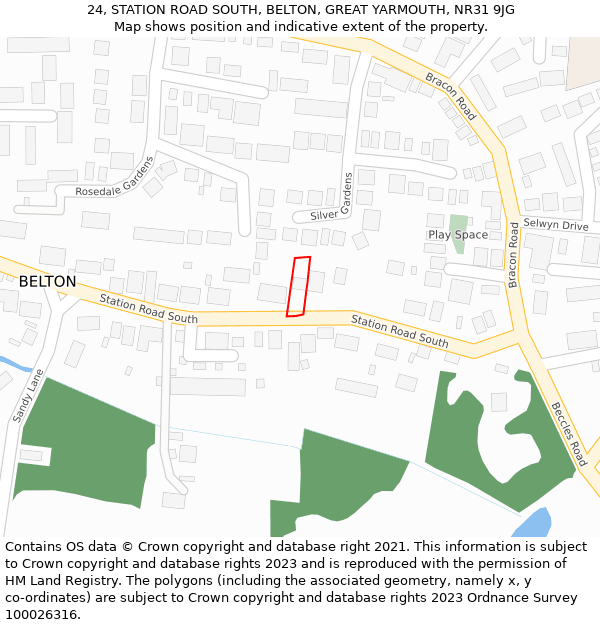 24, STATION ROAD SOUTH, BELTON, GREAT YARMOUTH, NR31 9JG: Location map and indicative extent of plot