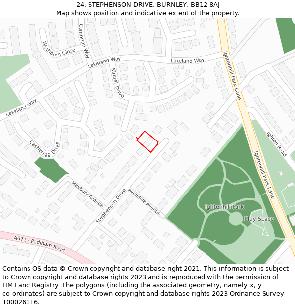 24, STEPHENSON DRIVE, BURNLEY, BB12 8AJ: Location map and indicative extent of plot