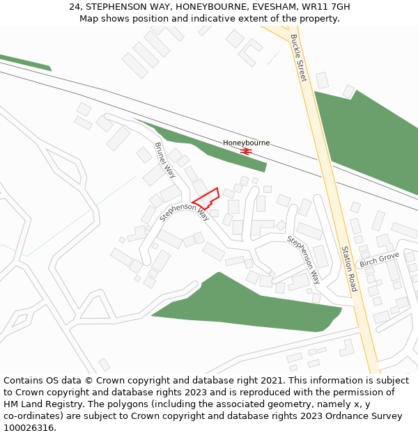 24, STEPHENSON WAY, HONEYBOURNE, EVESHAM, WR11 7GH: Location map and indicative extent of plot