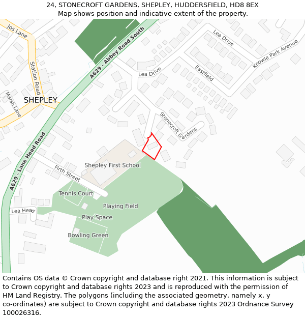 24, STONECROFT GARDENS, SHEPLEY, HUDDERSFIELD, HD8 8EX: Location map and indicative extent of plot