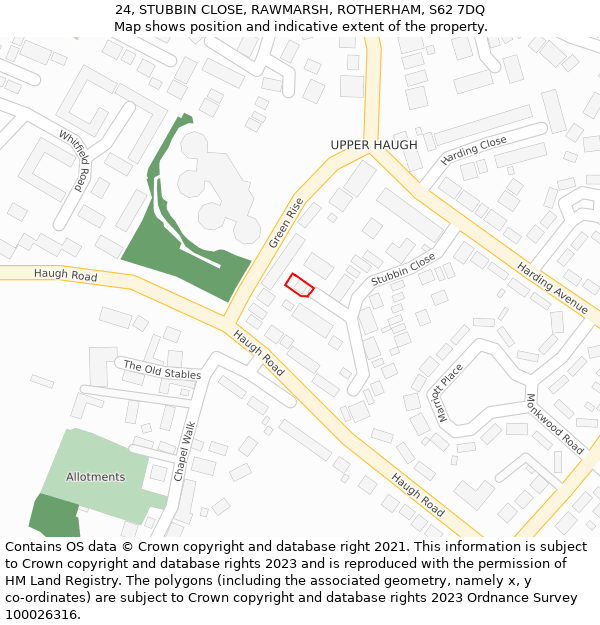 24, STUBBIN CLOSE, RAWMARSH, ROTHERHAM, S62 7DQ: Location map and indicative extent of plot