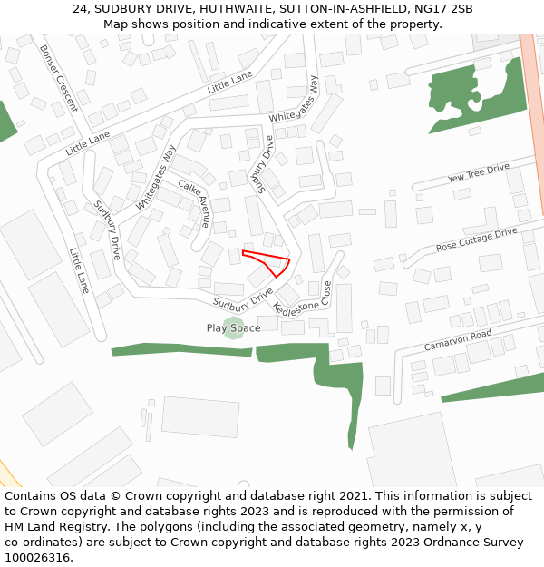 24, SUDBURY DRIVE, HUTHWAITE, SUTTON-IN-ASHFIELD, NG17 2SB: Location map and indicative extent of plot