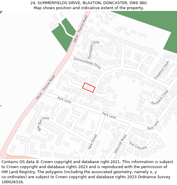 24, SUMMERFIELDS DRIVE, BLAXTON, DONCASTER, DN9 3BG: Location map and indicative extent of plot