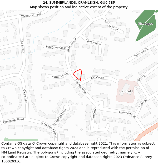 24, SUMMERLANDS, CRANLEIGH, GU6 7BP: Location map and indicative extent of plot