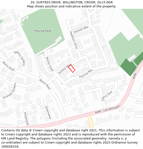 24, SURTEES DRIVE, WILLINGTON, CROOK, DL15 0GR: Location map and indicative extent of plot