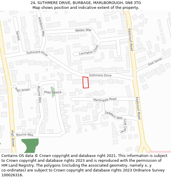 24, SUTHMERE DRIVE, BURBAGE, MARLBOROUGH, SN8 3TG: Location map and indicative extent of plot