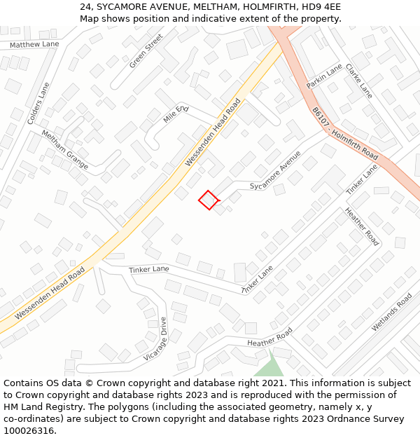 24, SYCAMORE AVENUE, MELTHAM, HOLMFIRTH, HD9 4EE: Location map and indicative extent of plot