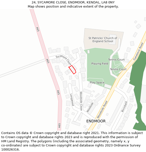 24, SYCAMORE CLOSE, ENDMOOR, KENDAL, LA8 0NY: Location map and indicative extent of plot