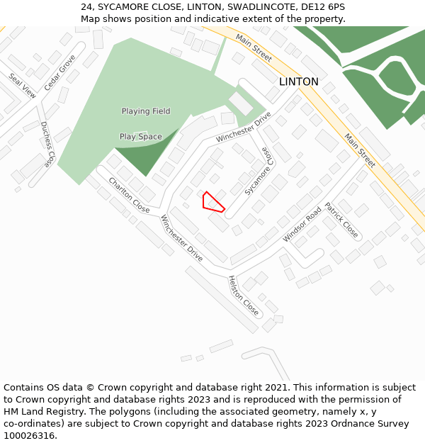 24, SYCAMORE CLOSE, LINTON, SWADLINCOTE, DE12 6PS: Location map and indicative extent of plot