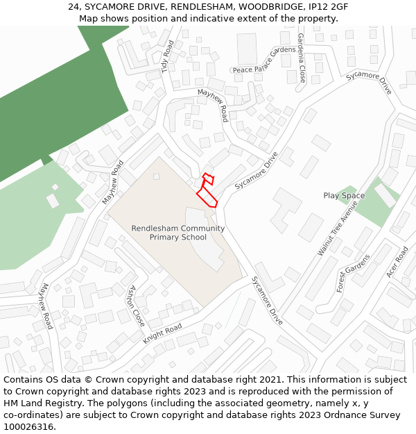 24, SYCAMORE DRIVE, RENDLESHAM, WOODBRIDGE, IP12 2GF: Location map and indicative extent of plot