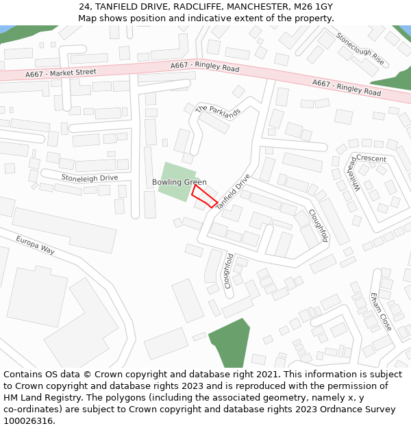 24, TANFIELD DRIVE, RADCLIFFE, MANCHESTER, M26 1GY: Location map and indicative extent of plot