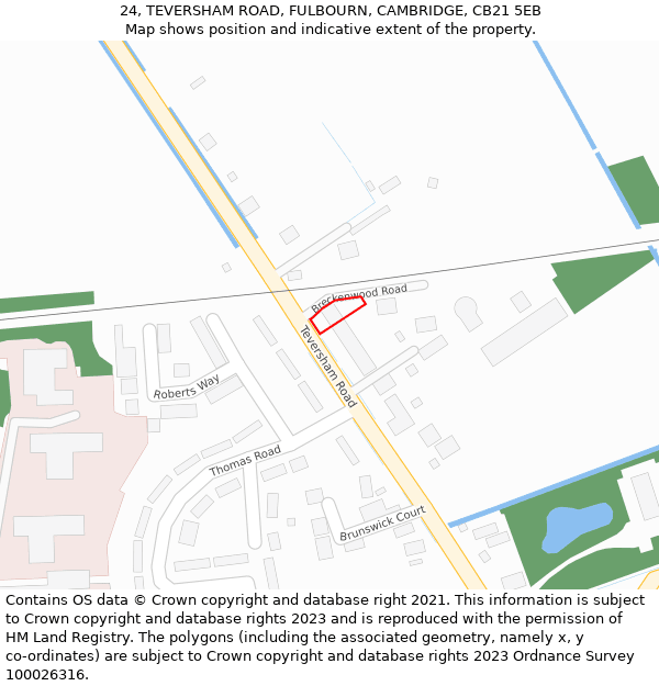 24, TEVERSHAM ROAD, FULBOURN, CAMBRIDGE, CB21 5EB: Location map and indicative extent of plot