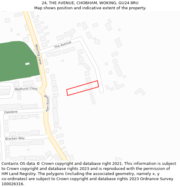 24, THE AVENUE, CHOBHAM, WOKING, GU24 8RU: Location map and indicative extent of plot