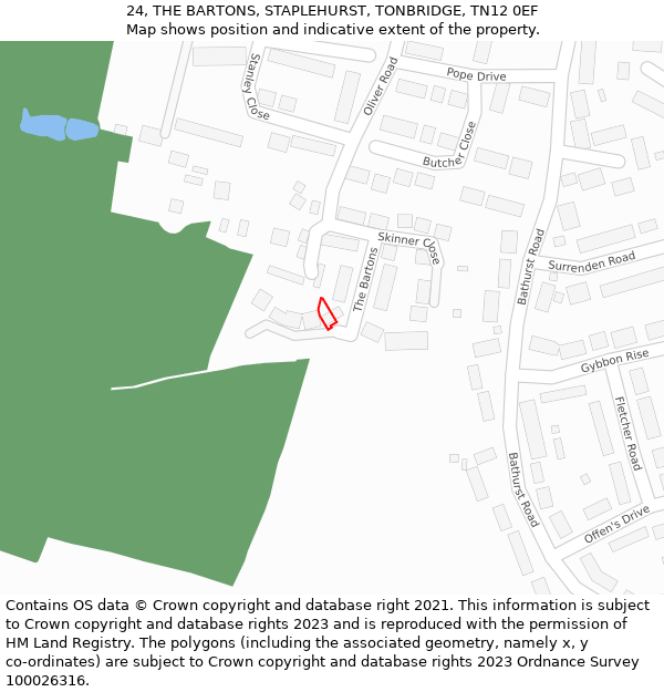 24, THE BARTONS, STAPLEHURST, TONBRIDGE, TN12 0EF: Location map and indicative extent of plot