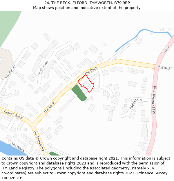 24, THE BECK, ELFORD, TAMWORTH, B79 9BP: Location map and indicative extent of plot