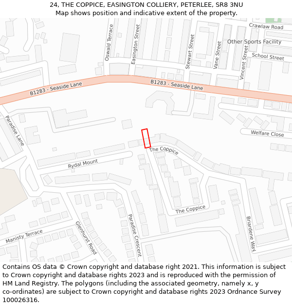 24, THE COPPICE, EASINGTON COLLIERY, PETERLEE, SR8 3NU: Location map and indicative extent of plot