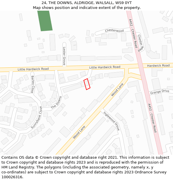 24, THE DOWNS, ALDRIDGE, WALSALL, WS9 0YT: Location map and indicative extent of plot