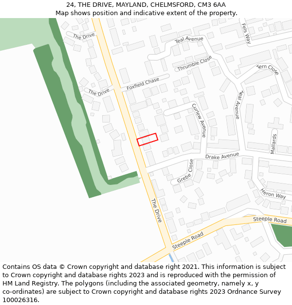 24, THE DRIVE, MAYLAND, CHELMSFORD, CM3 6AA: Location map and indicative extent of plot