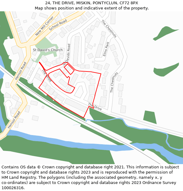 24, THE DRIVE, MISKIN, PONTYCLUN, CF72 8PX: Location map and indicative extent of plot