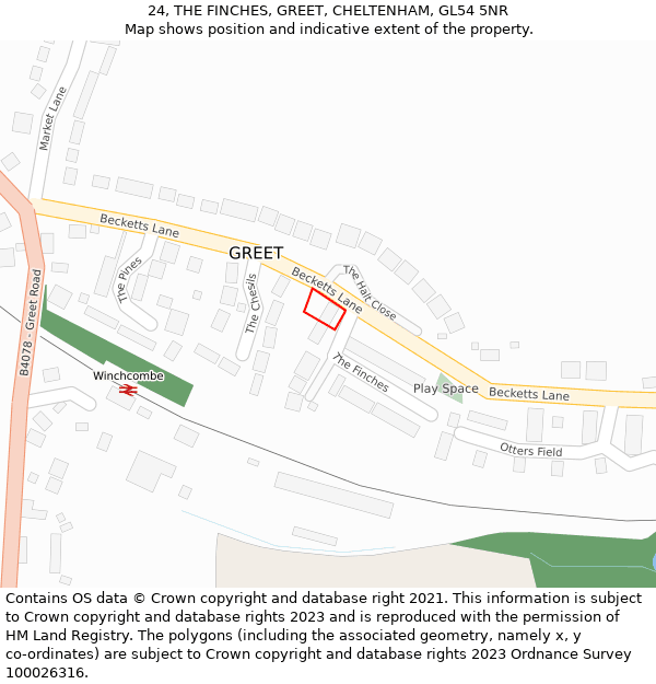 24, THE FINCHES, GREET, CHELTENHAM, GL54 5NR: Location map and indicative extent of plot