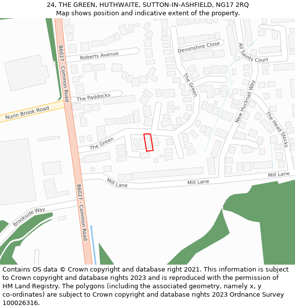 24, THE GREEN, HUTHWAITE, SUTTON-IN-ASHFIELD, NG17 2RQ: Location map and indicative extent of plot