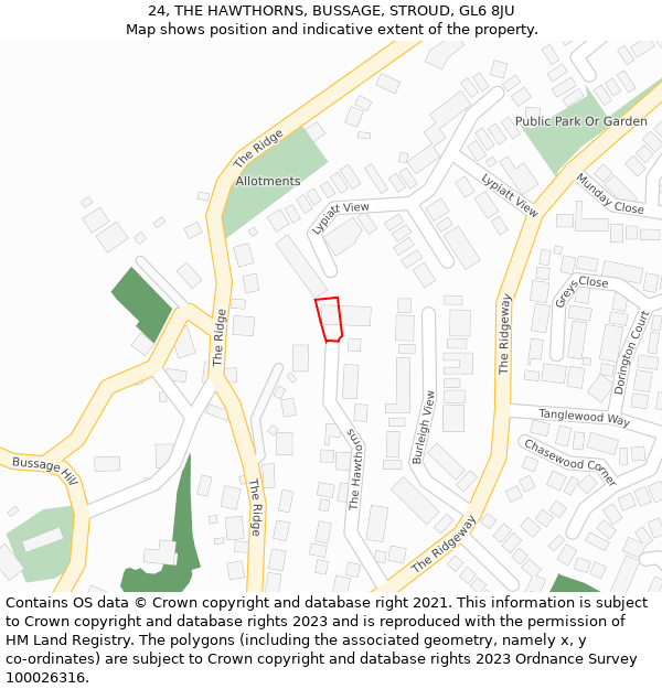24, THE HAWTHORNS, BUSSAGE, STROUD, GL6 8JU: Location map and indicative extent of plot