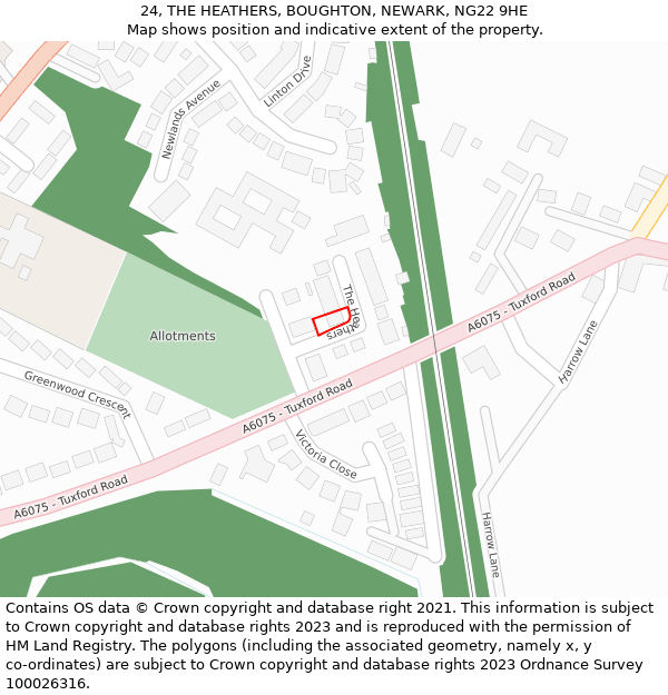 24, THE HEATHERS, BOUGHTON, NEWARK, NG22 9HE: Location map and indicative extent of plot