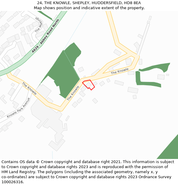 24, THE KNOWLE, SHEPLEY, HUDDERSFIELD, HD8 8EA: Location map and indicative extent of plot