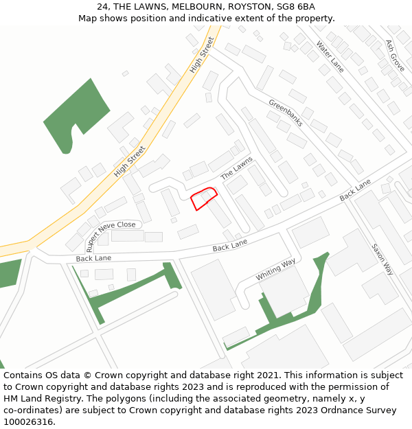 24, THE LAWNS, MELBOURN, ROYSTON, SG8 6BA: Location map and indicative extent of plot