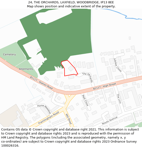 24, THE ORCHARDS, LAXFIELD, WOODBRIDGE, IP13 8EE: Location map and indicative extent of plot