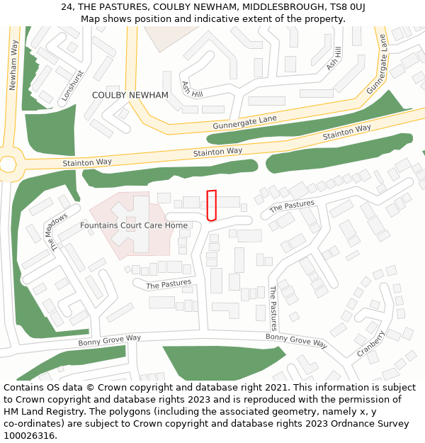 24, THE PASTURES, COULBY NEWHAM, MIDDLESBROUGH, TS8 0UJ: Location map and indicative extent of plot