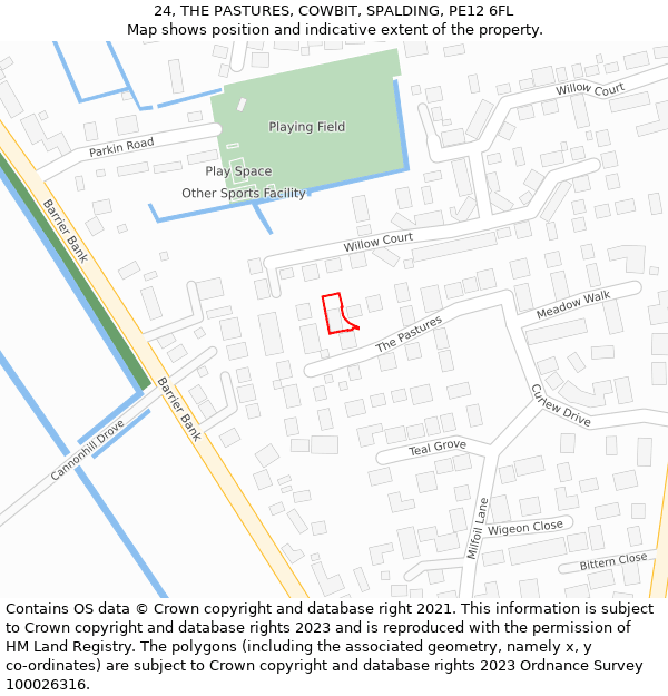 24, THE PASTURES, COWBIT, SPALDING, PE12 6FL: Location map and indicative extent of plot