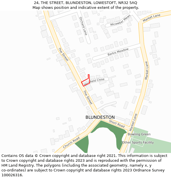 24, THE STREET, BLUNDESTON, LOWESTOFT, NR32 5AQ: Location map and indicative extent of plot