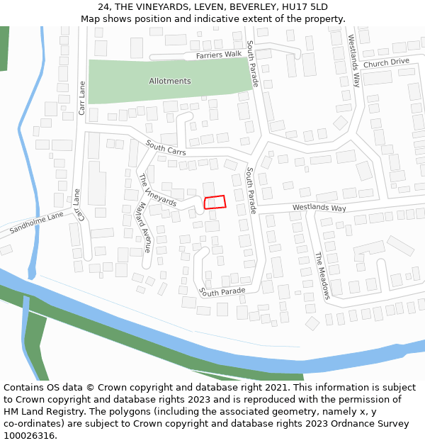 24, THE VINEYARDS, LEVEN, BEVERLEY, HU17 5LD: Location map and indicative extent of plot