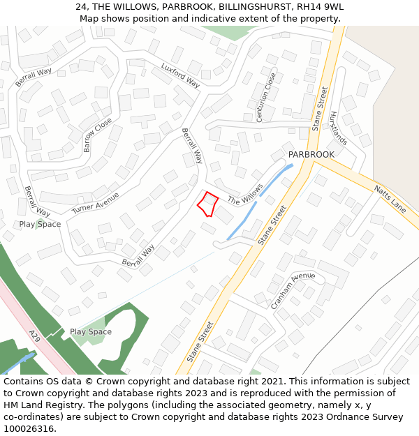 24, THE WILLOWS, PARBROOK, BILLINGSHURST, RH14 9WL: Location map and indicative extent of plot